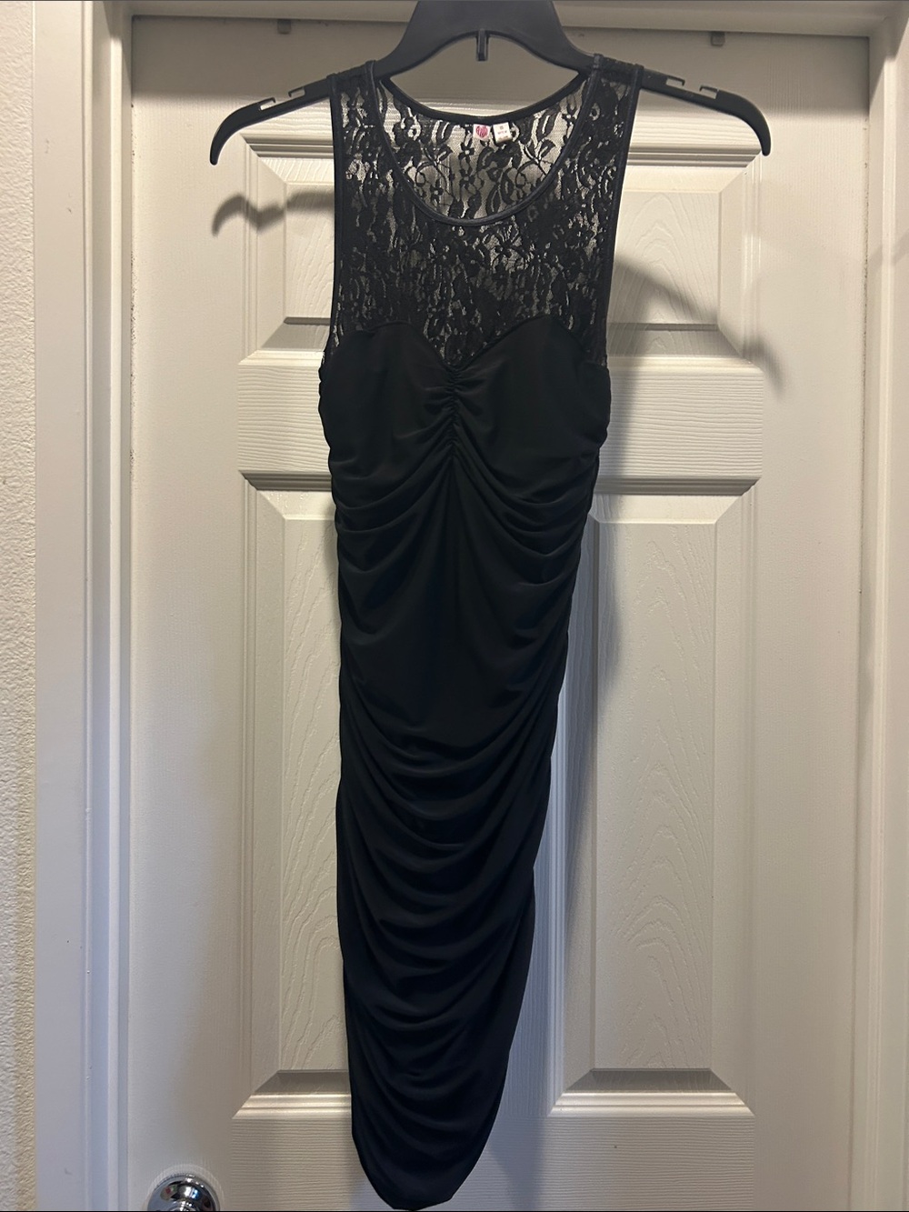Aqua Black Lace-Top Ruched Midi Dress